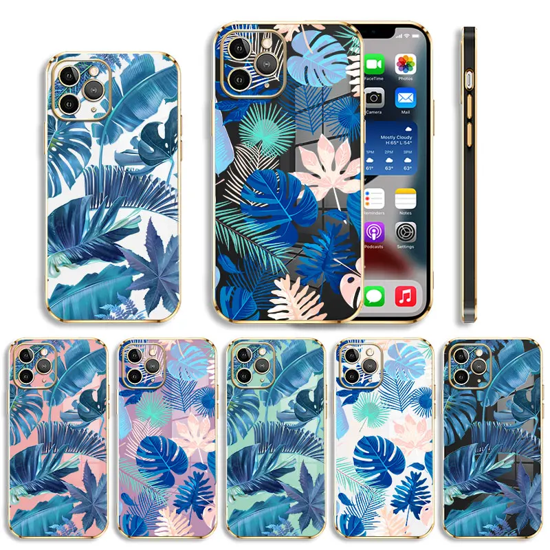 

Silicone Blue Palm Tree Branch Case For Apple iPhone 11 12 14 Pro Max 13 6 Mini X XR 6S 7 Plus XS 8 5 12mini 13mini