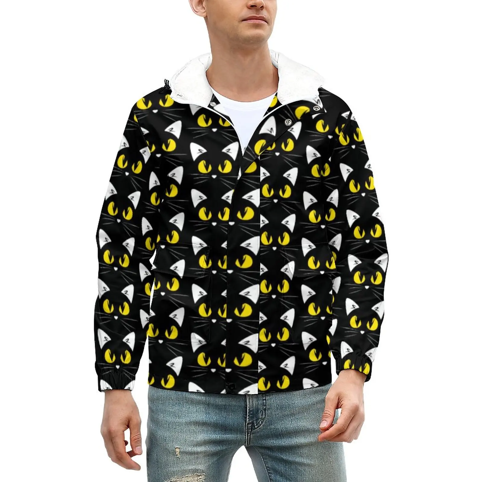 

Повседневные куртки на Хэллоуин с забавным рисунком черных кошек, теплое ветрозащитное пальто с графическим рисунком, зимняя эстетичная Св...