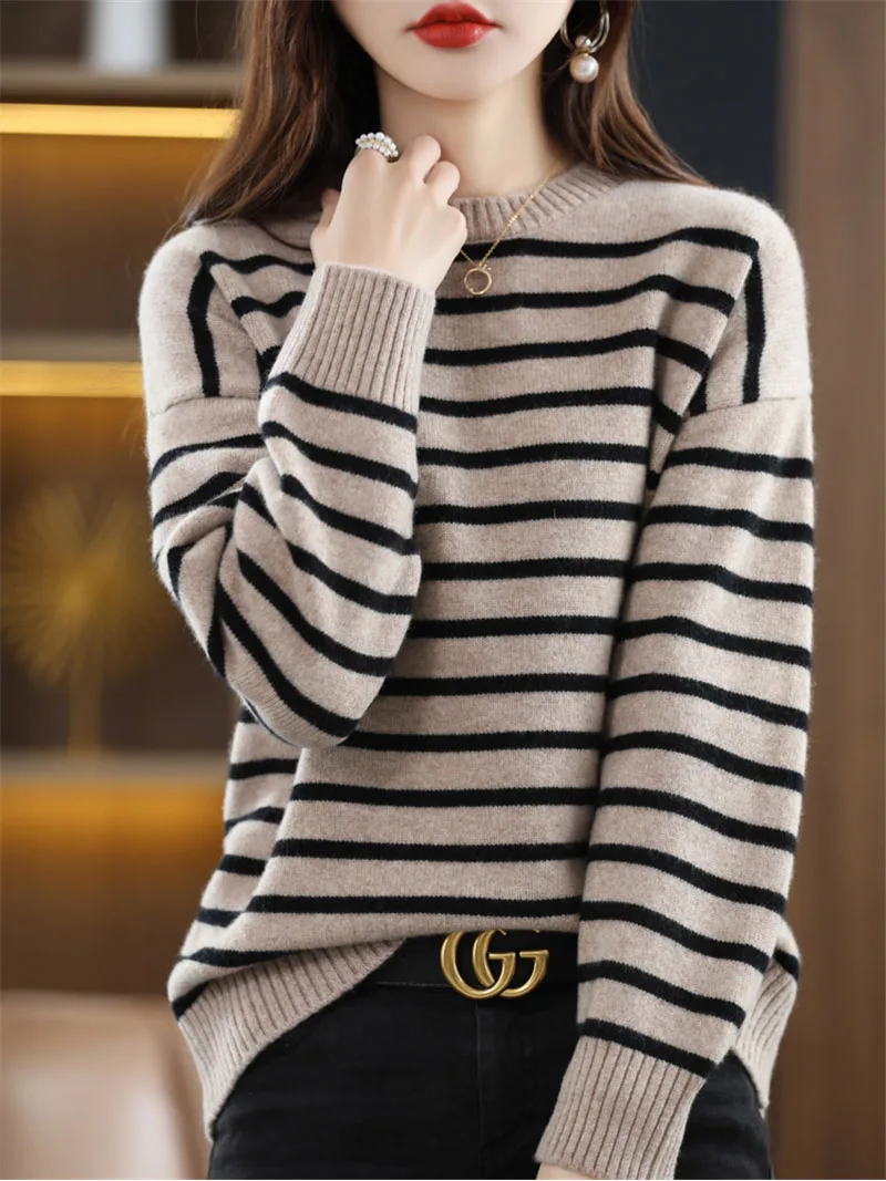 

Limiguyue Striped Knitted Pullovers Women Autumn Winter Casual Sweaters Loose Long Sleeve Vintage Crew Neck Straight Jumper J692