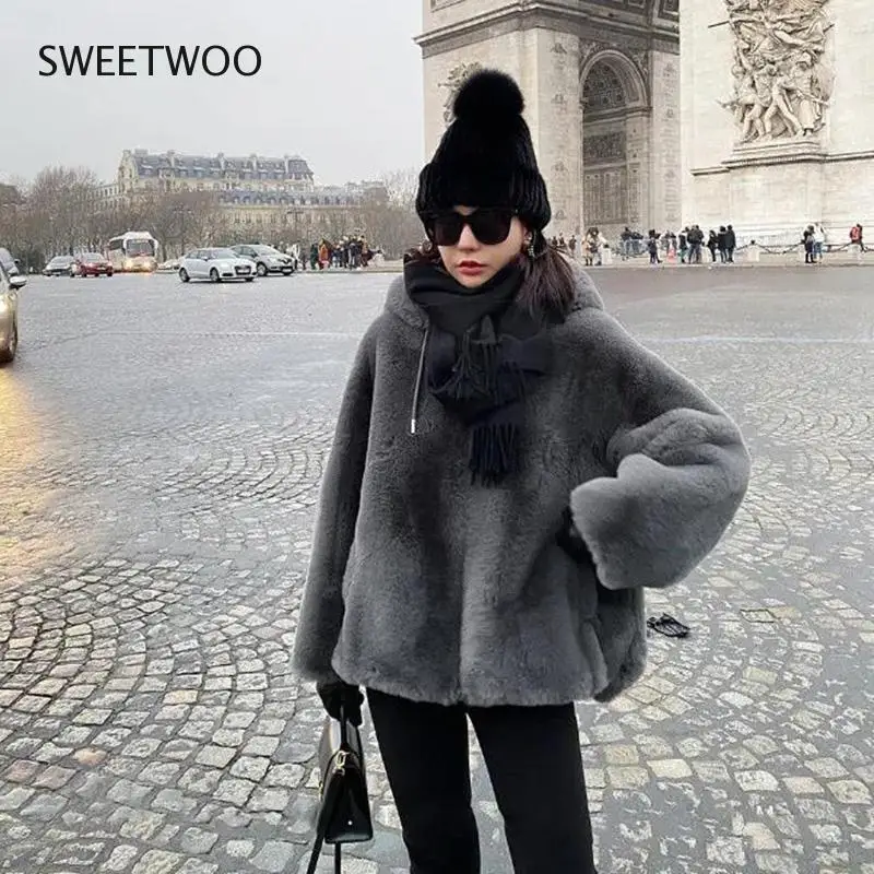 2021 New Autumn Winter Fur Coat Thick Faux Rabbit Coat Hooded Mid-Length Overcoat Casual Warm Women's Clothing Fashion Tide Slim