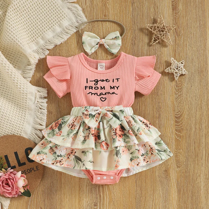 

New born Summer baby clothes Letters Girl Clothing Pit Strip Flying Sleeve Print Bow Yarn Skirt Toddler Jumpsuit newborn outfit