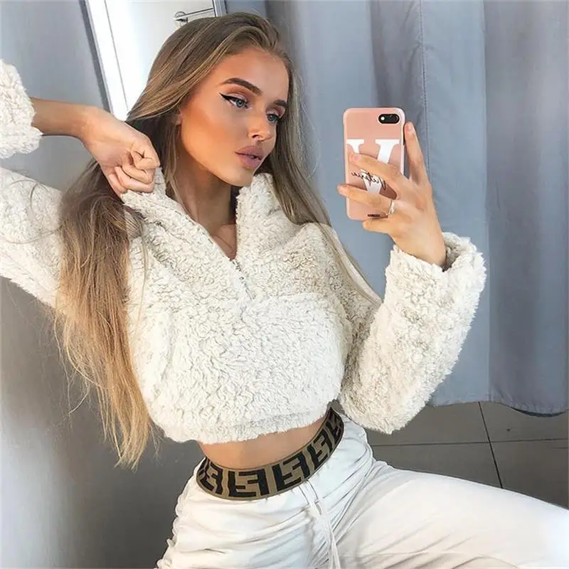 

Толстовка Shestyle женская из искусственного меха, повседневный Свободный укороченный топ с воротником-хомутом, на молнии, с карманами, Осень-з...