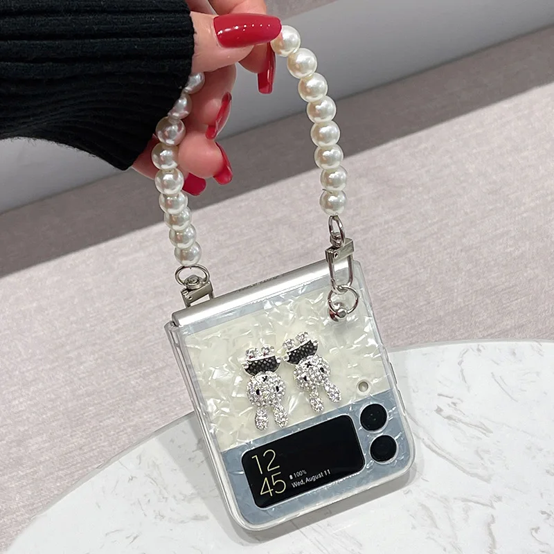 ZFlip 3 Funda Case for Samsung Galaxy Z Flip 3 Bunny Decorate Pearl Bracelet Full Shock Proof Protection Mobile Phone Case Cover