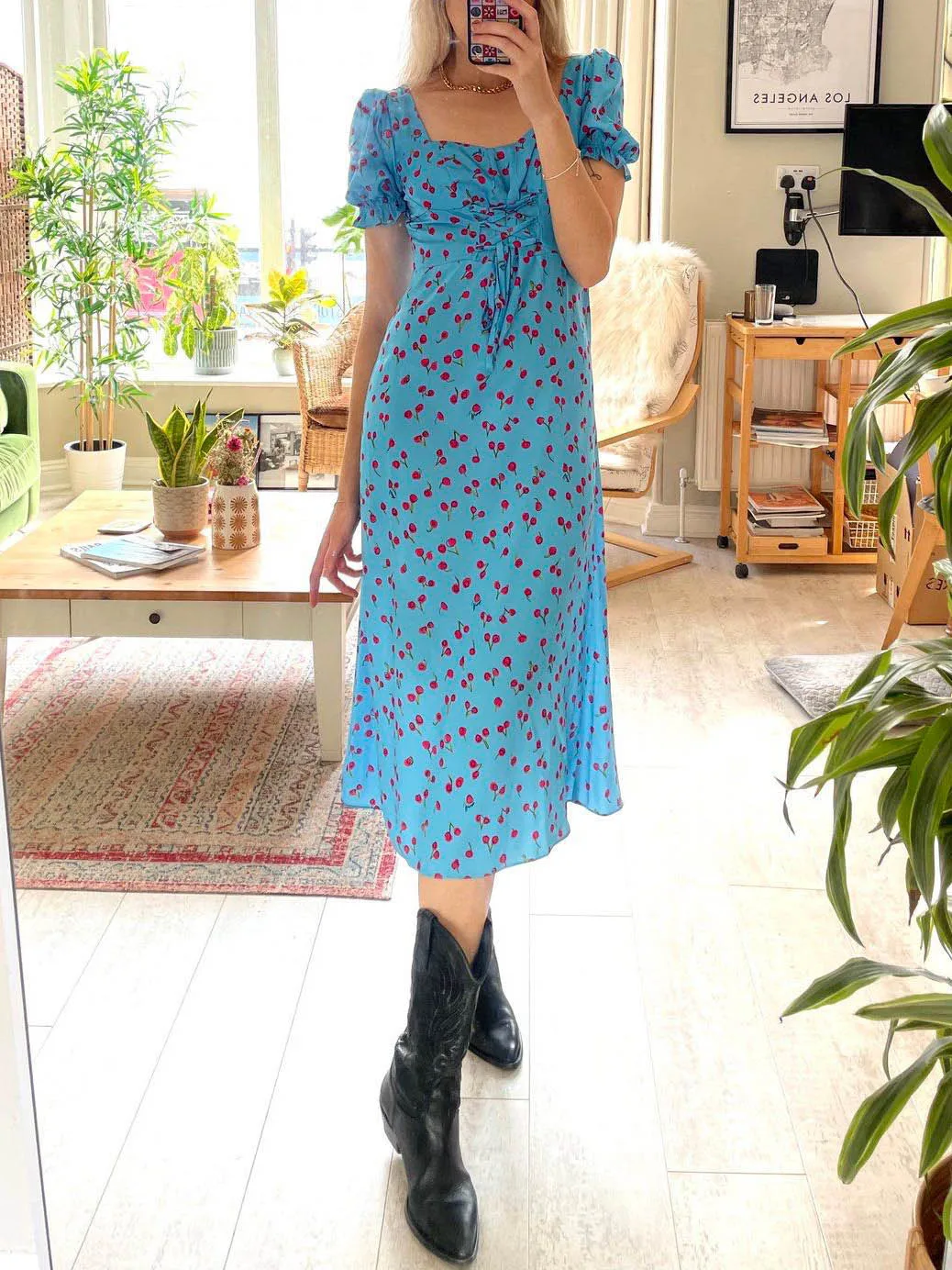 

High Quality Summer Holiday Women Short Sleeve Square Collar Blue Flower Print Real Silk Knee Length Dress