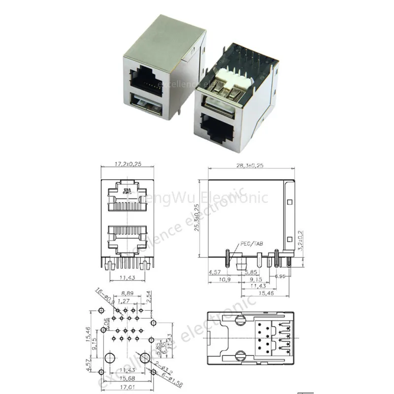 2 шт. Модуль сетевого разъема RJ45 с/без светодиода одинарный USB + разъем с