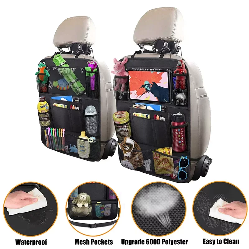 

Car Backseat Organizer with Table Holder 9 Storage Pockets Seat Back Protectors Kick Mats for Kids Toddlers 2 Pack Accessories