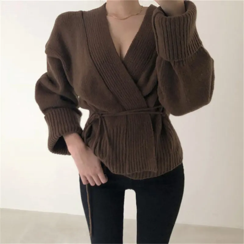 

Autumn Casual Lace-Up Sexy Kintted Open Cardigan Jacket Coat Woman New Fashion V-Neck Loose Cardigans Short Knit Sweaters Khaki