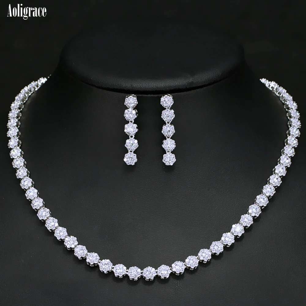 

full Zircon Wedding Jewelry Sets for Women,Two Pieces flower design CZ Necklace and Earrings Set For Wedding Party