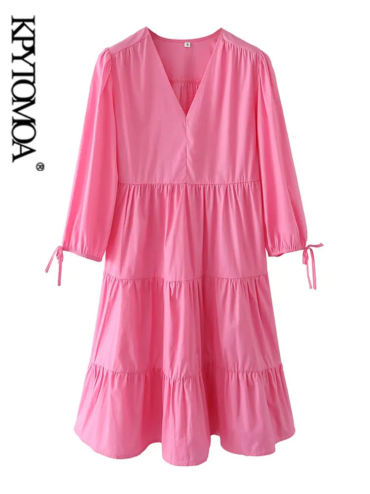 

KPYTOMOA Women Fashion With Tied Panelled Mini Dress Vintage V Neck Three Quarter Sleeve Female Dresses Vestidos Mujer