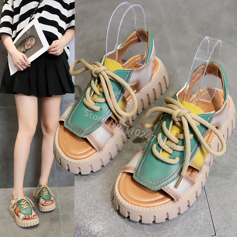 

Roman Retro Chunky Platform Mixed Color Sandals Sport Casual Lace-Up Cool Shoes for Women Summer Beach Hollow Out Gladiator