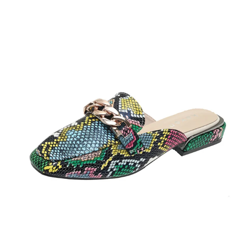 

Женские шлепанцы со змеиной текстурой, на низком каблуке 2 см, с круглым носком, летние туфли в американском и европейском стиле с металличес...