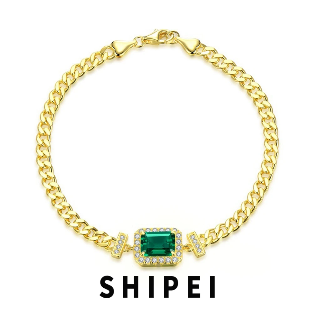 

SHIPEI Vintage 925 Sterling Silver Emerald Cut 6*8 MM Emerald Gemstone 18K Gold Plated Cuban Chain Bracelet Bangle Fine Jewelry