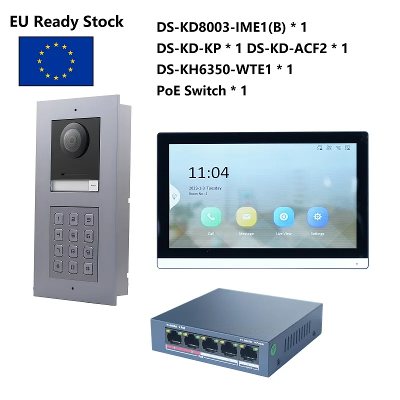 

HIK Multi-language 802.3af POE Video intercom KIT,include DS-KD8003-IME1(B) & DS-KH6350-WTE1 & PoE Switch