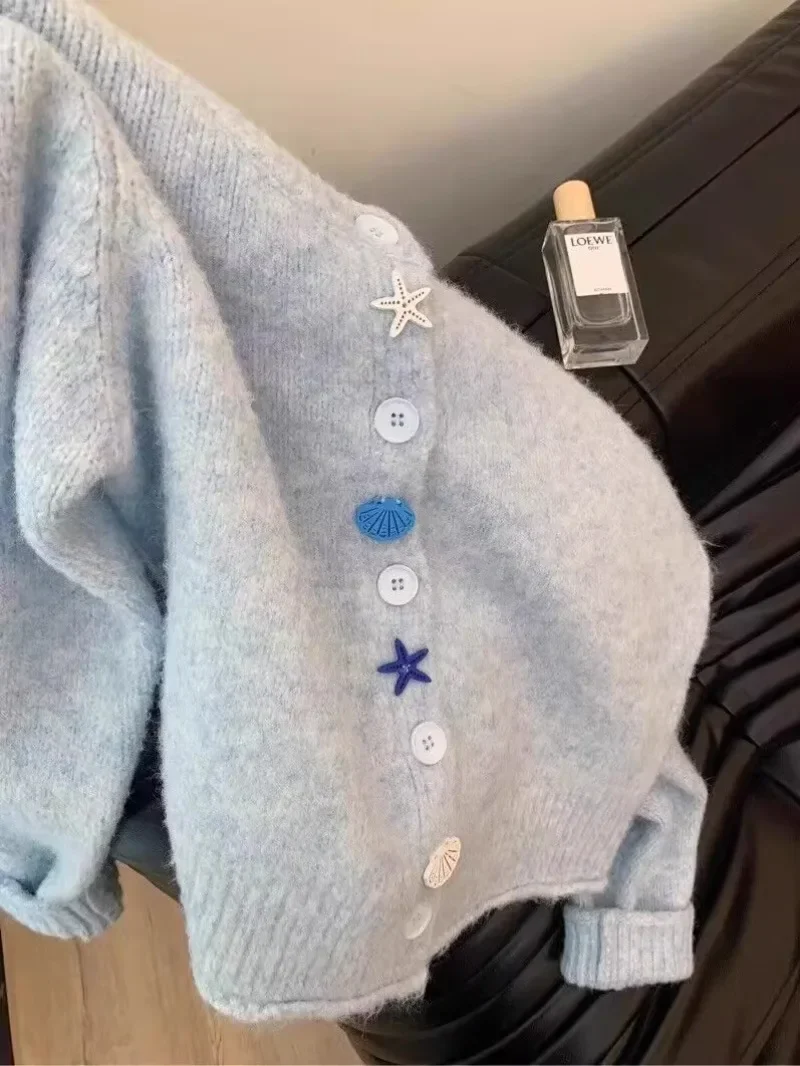 Синий серый мягкий Свободный кардиган куртка милый свитер с пуговицами в виде