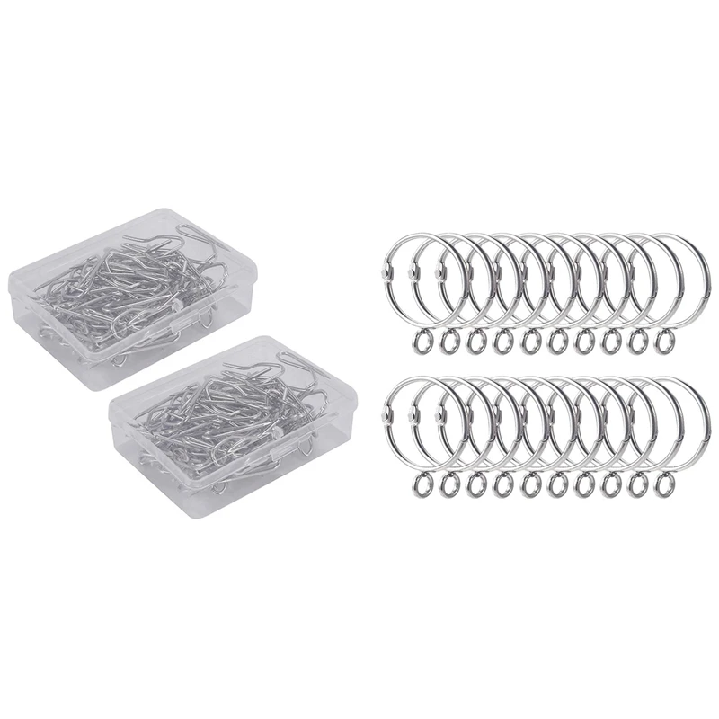 

100 шт., драпированные булавки с крючком в прозрачной коробке и 20 открытых серебряных колец для штор