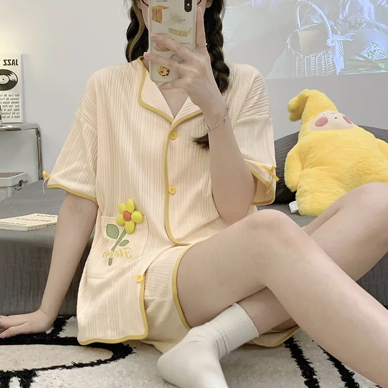 Young La Cardigan Cotton Set New In Women's Pajama 2023 Cartoon Bear Two Pieces Nightdress Short Sleeve Girl's Lovely Home Wear