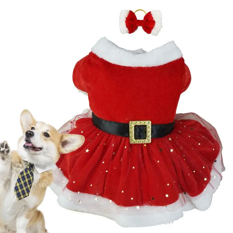 

Pet Christmas Outfit For Small Medium Dogs Shiny Netting Dog Santa Claus Costume Cute Girl Clothing Red Dresses Dogs Cats