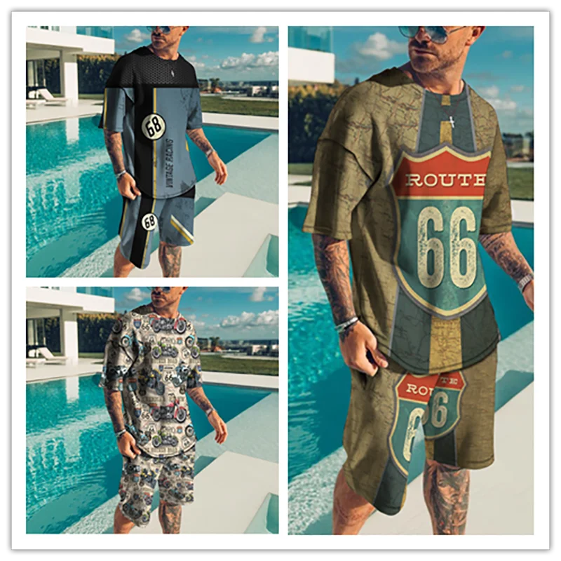 

2022 America Route 66 Letters T-shirt Blouse Suit Fashioin 3D Digital Print Short Sleeve T-shirt Set Harajuku Tracksuit Clothes