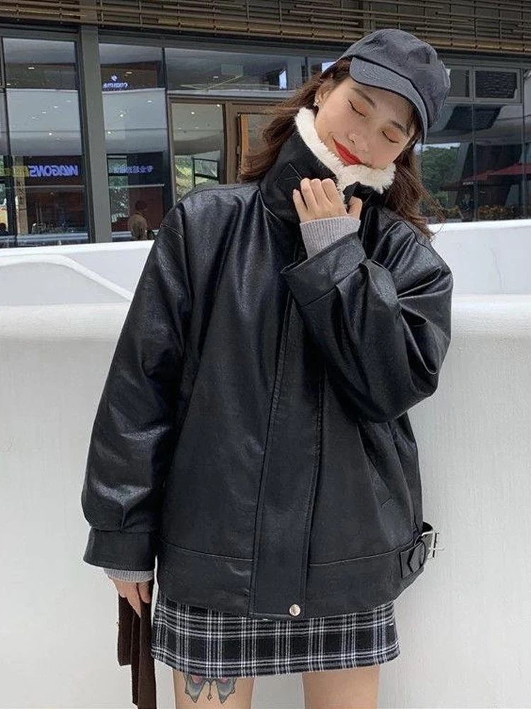 Black Winter Leather Jacket Women Korean Fashion Warm Loose Faux Fur Leather Coat Female Autumn Vintage Casual Chic Biker Jacket