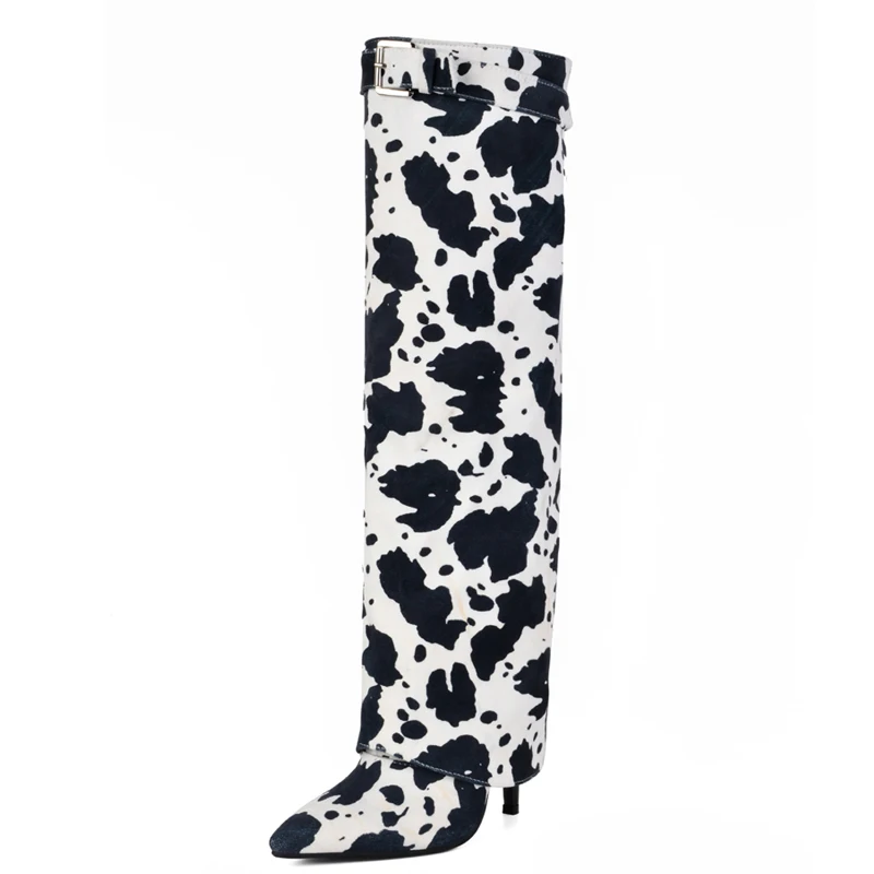 

Cow Print Thin Heels Pointed Toe Overlay Shoes Stiletto Pants Boots Women's Folded Over Knee High Booties