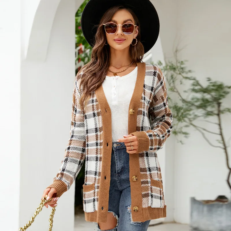 2022 Autumn and Winter New Women's Diamond Loose Knitted Cardigan Jacquard Mid-Length Sweater Coat