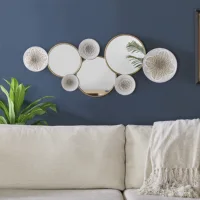 Home Decor Metal Wall Decor with Multi Circle Plates Mirror, Large Modern Wall Art Sculpture Decor for Living Room,Bedroom,White