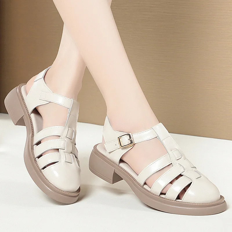 Sandals women's first layer cowhide vintage summer2023new platform pitcher shoes casual Roman non slip women's sandals luxurious