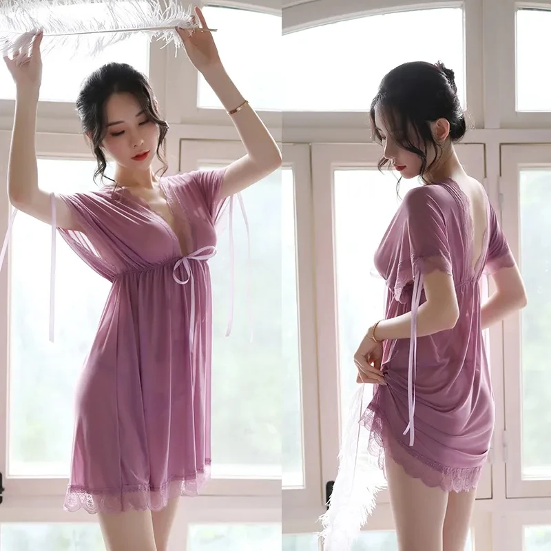 

Pajamas Women'S Summer Sexy Lingerie Lace Plus Size Loose And Thin Deep V Suspenders Short Sleeves Two-Wear Homewear Nightdress