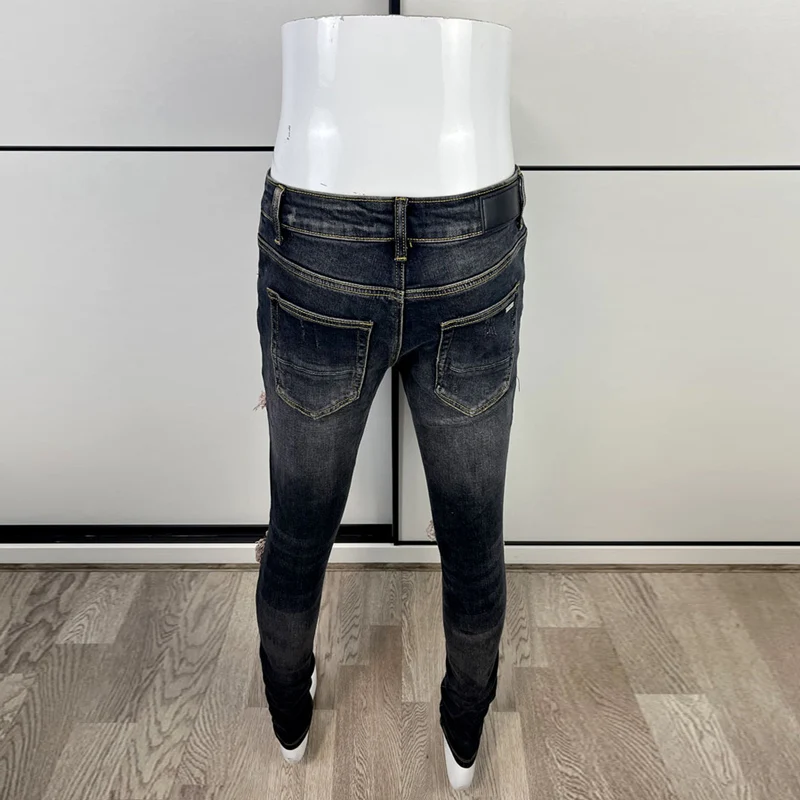 High Street Fashion Men Jeans Retro Black Blue Elastic Skinny Fit Ripped Jeans Men Patched Designer Hip Hop Brand Pants Hombre