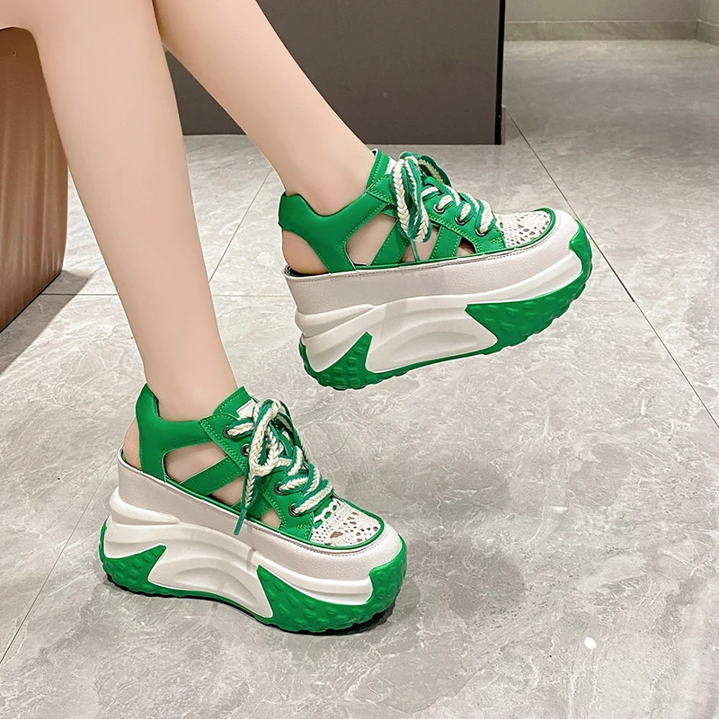 7CM Heels Women Gothic Thick Bottom Wedge Sandals Black Hollow Out Gladiator Sneakers Woman Punk Leather Chunky Platform Sandals