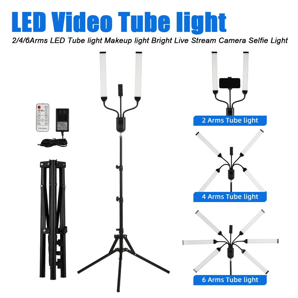Selens 2/4 Arms LED Tube Light LED For Live Stream Camera Selfile Light Bi-color Dimmable With Phone Tripod Stand Holder enlarge
