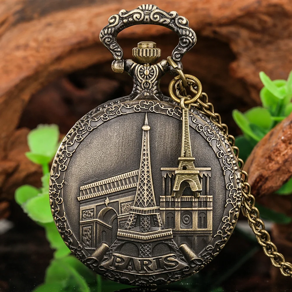 Vintage Paris Famous Scenic Spot Pocket Watch Steampunk Pendant Necklace Watch Accessory Exquisite Collectibles Male Female Gift