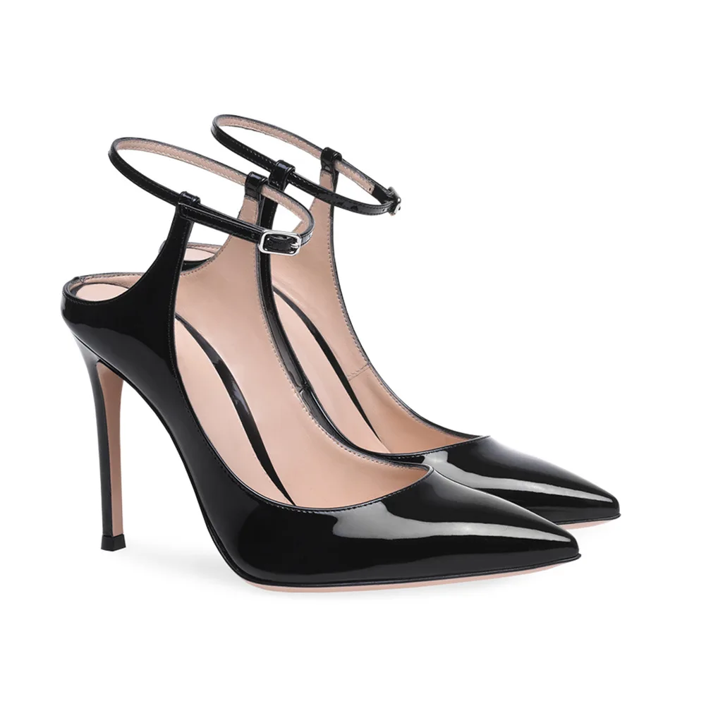 

Black Solid Color Shoes For Women Ankle Buckle Ladies Pumps Pointed Toe Patent Leather Escarpins High Heels Zapatos Mujer