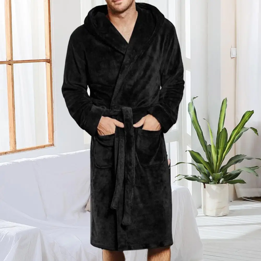 

Chic Fleece Nightgown Thermal Fall Winter Fleece Warm Long Robe Pajamas Waist Lace-up Open Stitch Men Nightgown for Bedroom