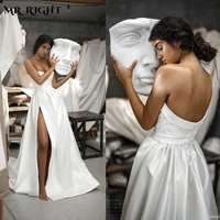 elegant satin wedding dresses sexy side split backless sleeveless a line bride gown beach princess robes vestido de novia