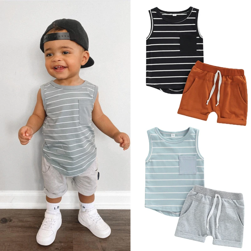 

3 Colors Baby Boys Summer Clothes Sets 0-24M Sleeveless Striped Printed Vest + Solid Drawstring Shorts