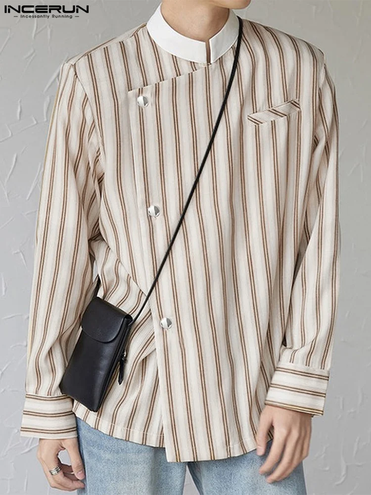 

INCERUN Men Shirt Striped Patchwork Stand Collar Long Sleeve Streetwear 2022 Casual Men Clothing Button Leisure Shirts S-5XL