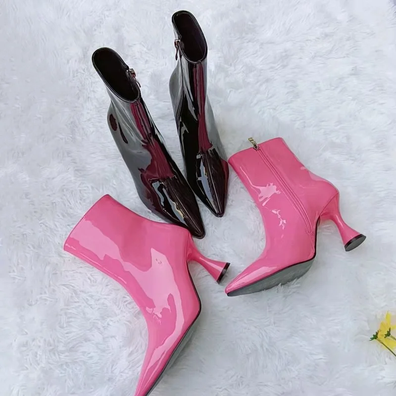 2022 Boots for Women Fashion Pointed Patent Leather Candy Color Solid Mid Boots Thin Heels Brand High Heel Women's Ankle Boots