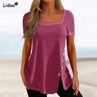square collar summer new casual short sleeved t shirts fashion solid color simple comfortable loose elasticity womens clothing