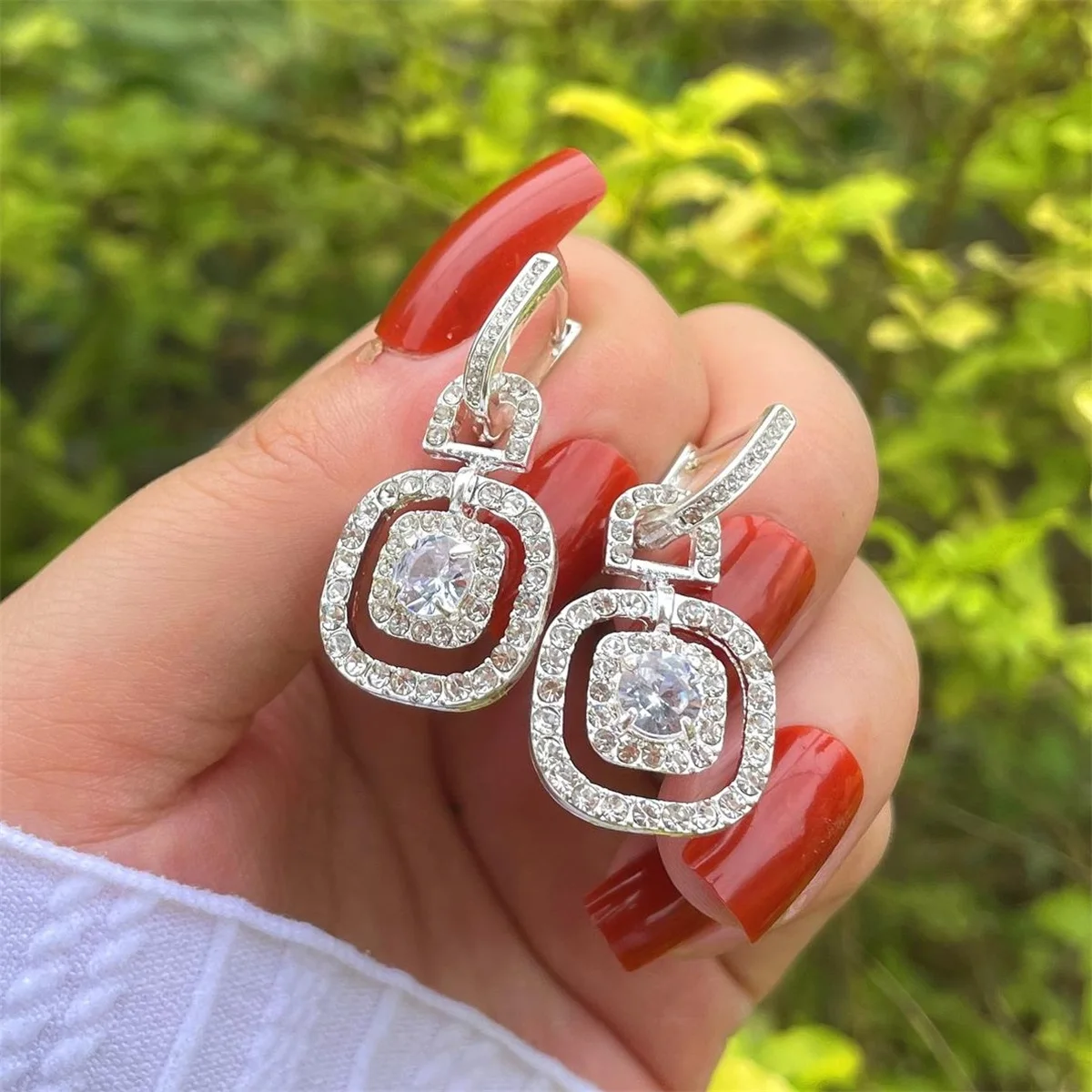 

ANGLANG Lovely Square Dangle Earrings for Women White Cubic Zirconia Female Wedding Engagement Party Earrings Drop Jewelry