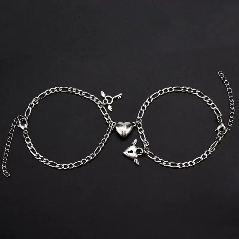 GUFTM 1Pair Romantic Couple Bracelet for Women Men Heart Magnet Lock Key Double Layer Chain Bracelet Trendy Lover Jewelry Gifts
