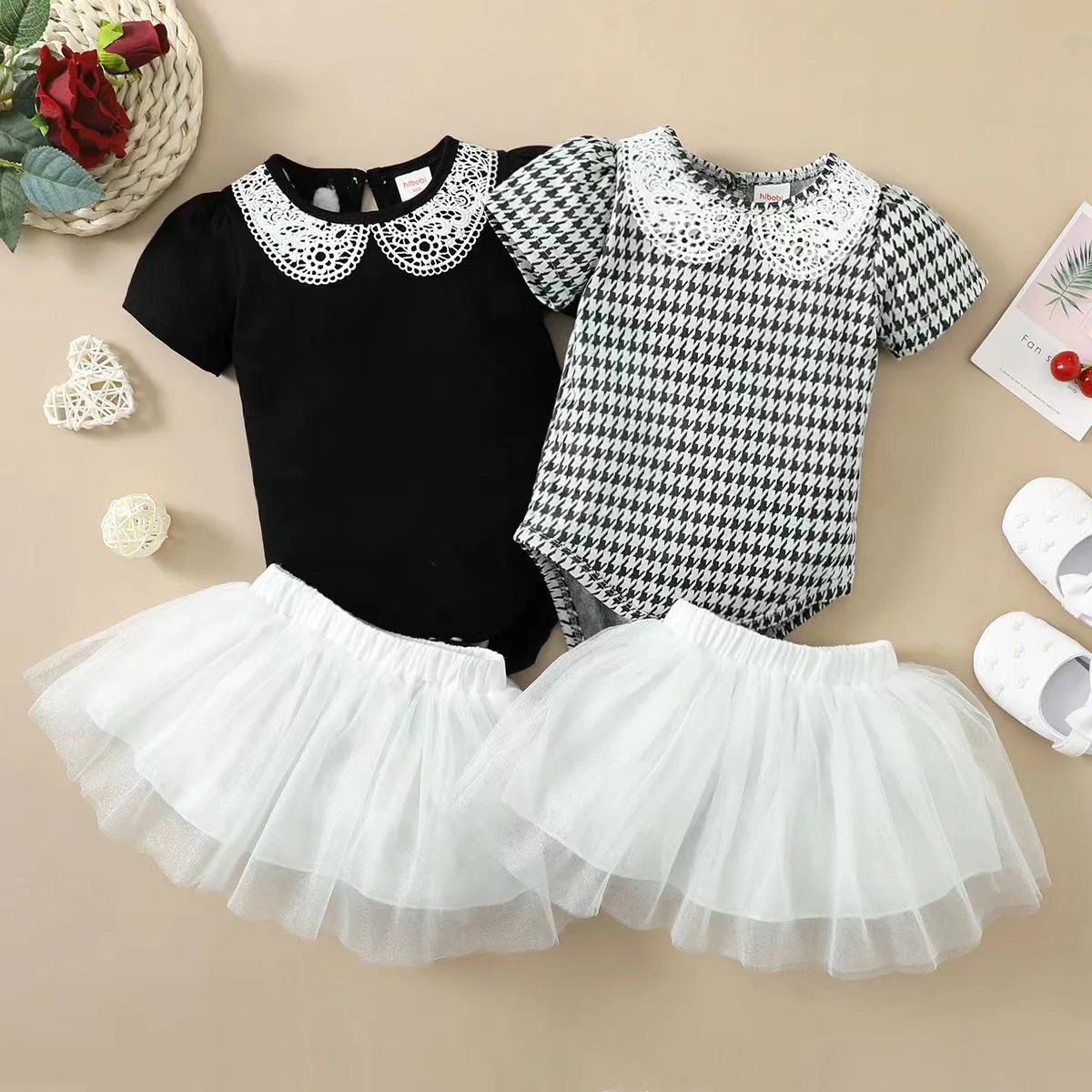 

hibobi Baby Girl Doll-collar Solid Bodysuit Skirt Two-piece