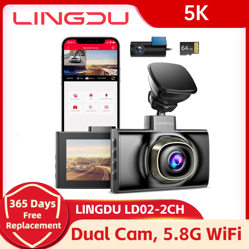 LINGDU LD02-2CH Car DVR 5K Dash Cam Dual Camera 5.8Gh WiFi GPS 3inch Screen Voice Control 24H Parking Monitor Night Vision