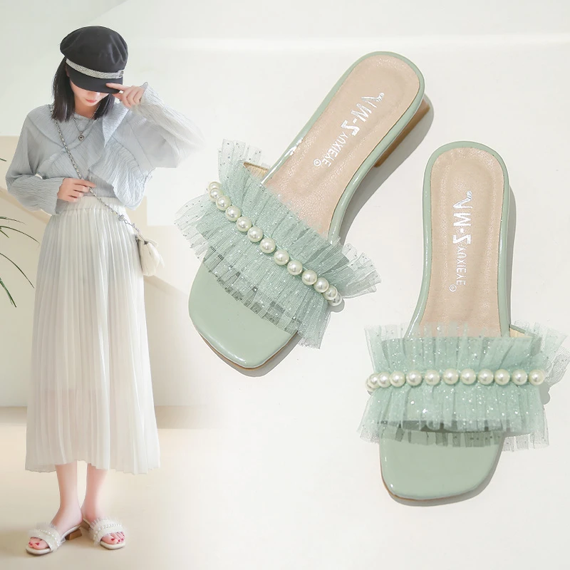 

Lace Shoes Square heel Ladies' Slippers Butterfly-Knot Low Rubber Flip Flops Luxury Slides Block Hawaiian Soft Designer Butterfl
