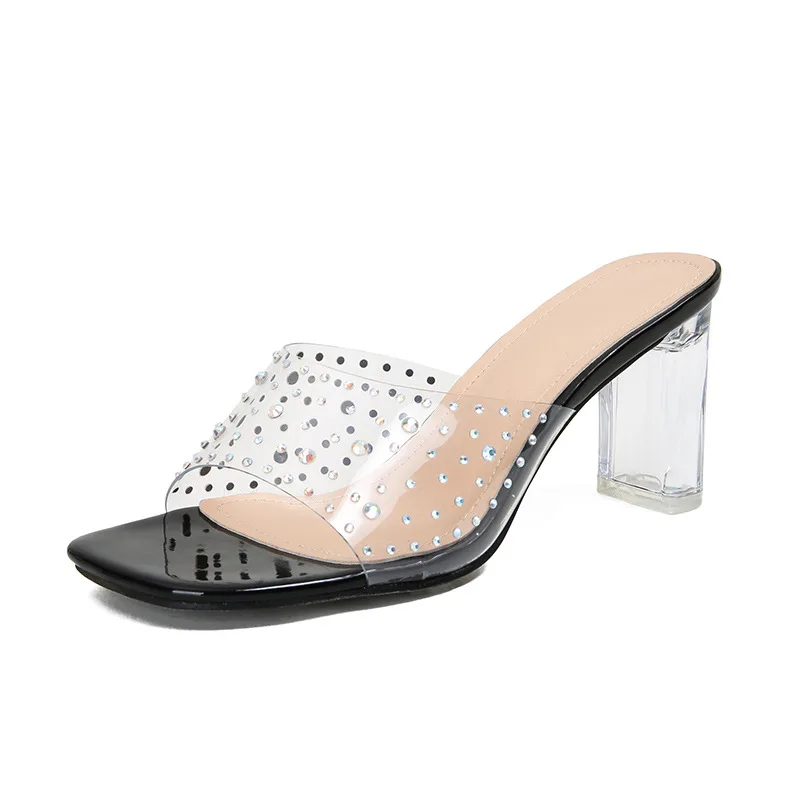 

Summer 2022 New Rhinestone High Heels Slippers Women Transparent PVC Open Toe Sandals Woman Clear Heel Party Shoes Ladies