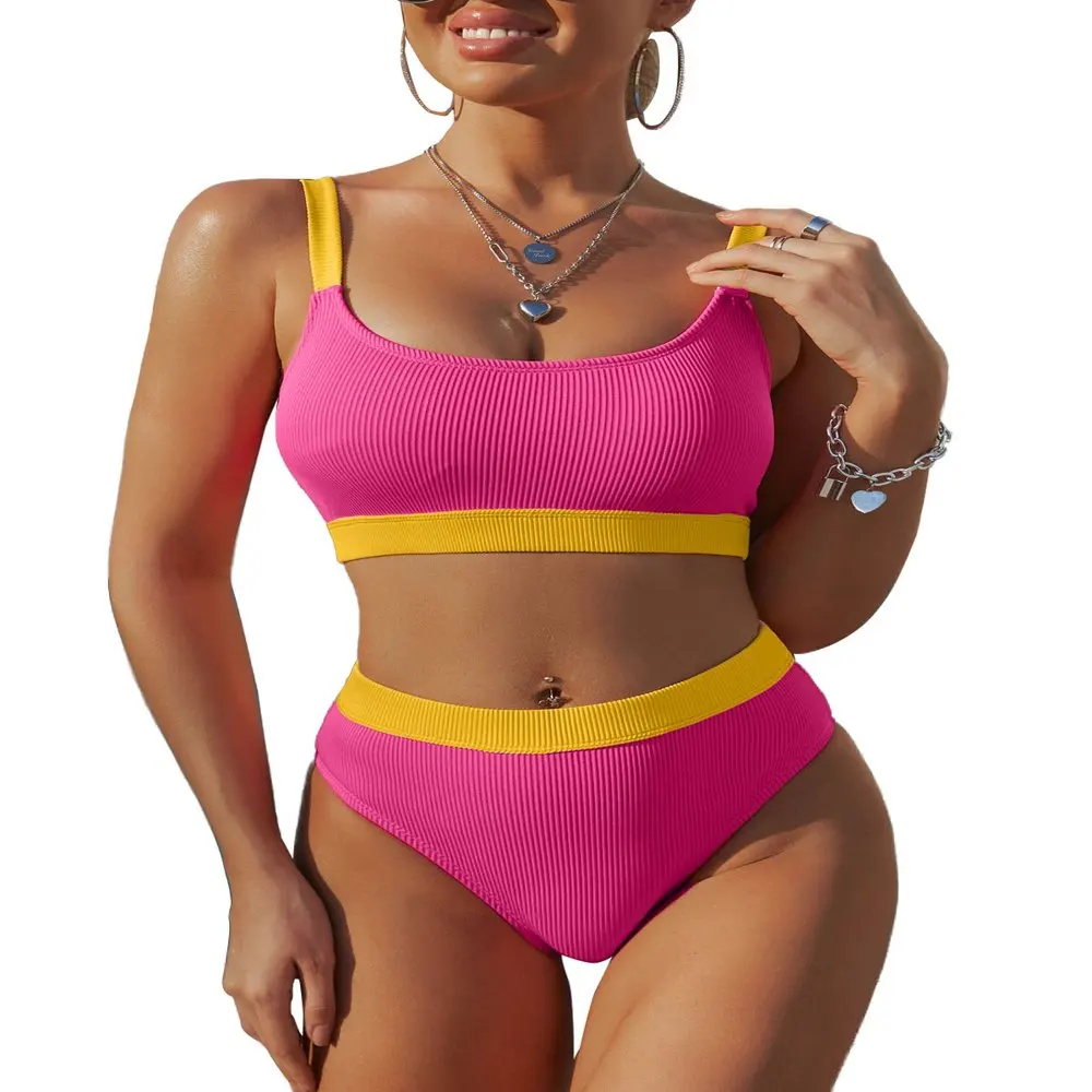 

Женский купальник бикини в рубчик с регулируемыми бретельками и высокой талией