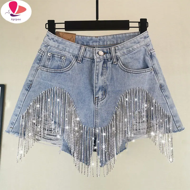 

APIPEE 2023 Spring Wear Heavy Tassels Nail Diamond Beads High All-match Thin Waist Denim Shorts Fashion Temperament Women