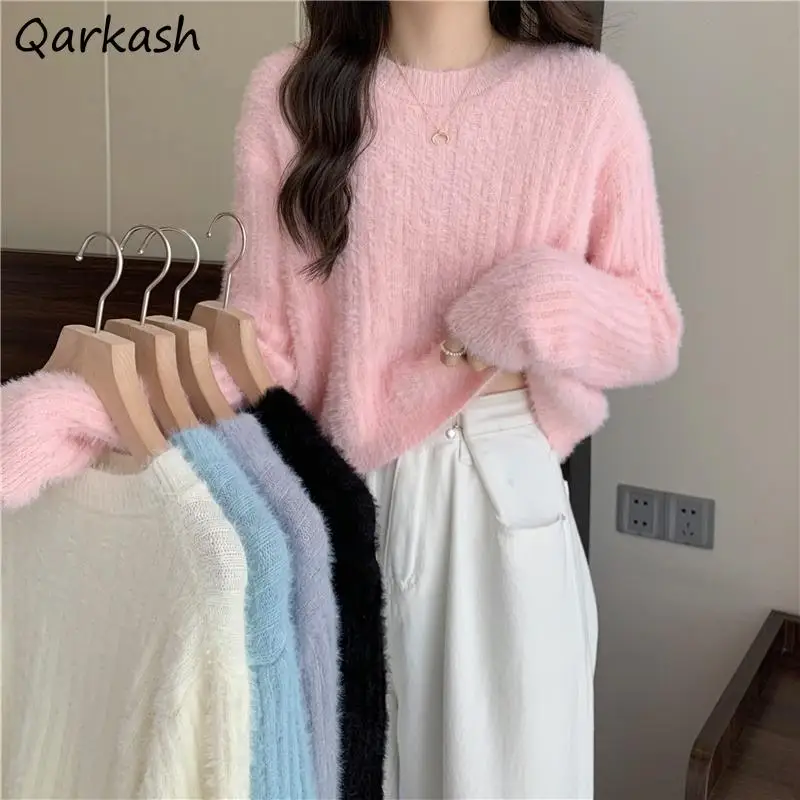 

Pullovers Women Solid Color Soft Cropped Sweaters O-neck Knitting Cozy Mujer Korean Style Sweet Loose Sueter All-match Lovely