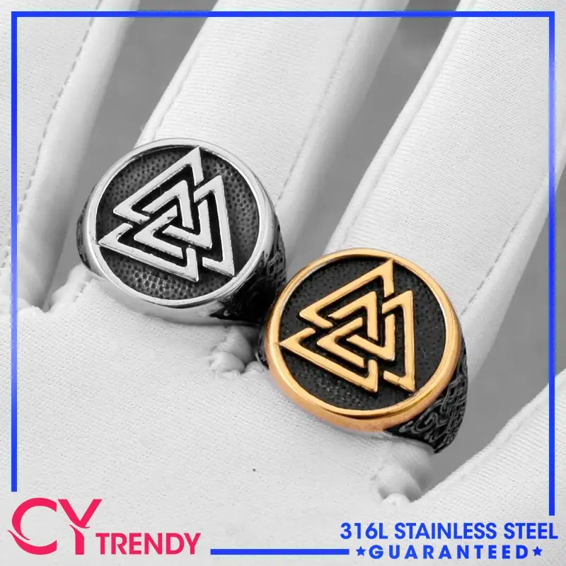 

Nordic Trend Viking Odin Triangle Rune Men's European and American Style Personalized Stainless Steel Rings Sizes 7-13