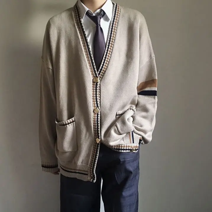 Spring Autumn Solid Stripes Casual Knitted Long Sleeve Cardigan Men Loose Top Sweater Gentle College Style Students Unisex DK JK